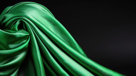 A beautiful close-up of elegant green satin fabric, showcasing its smooth texture and flowing appearance against a dark backdrop, ideal for creative projects.の素材