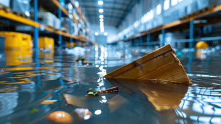 The image depicts a flooded warehouse interior, highlighting the chaos caused by water accumulation. Debris floats on the surface, reflecting the lights above, emphasizing the extent of damage in an industrial setting.の素材