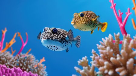 Two vibrant tropical fish swim gracefully above a colorful coral reef in a clear blue ocean, showcasing the beauty of marine life and underwater ecosystems.の素材