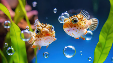 Two charming fish swim playfully in a vibrant aquarium, surrounded by bubbles and lush green aquatic plants, creating a serene underwater scene.の素材