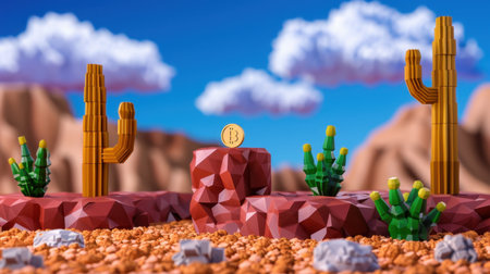 A bright and playful desert scene featuring a Bitcoin coin amidst stylized cacti and rocky formations. This artistic representation combines nature with digital finance.の素材