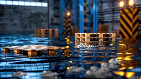 A striking image of wooden pallets floating in water within an industrial warehouse, showcasing reflections and dramatic lighting. Ideal for exploring themes of chaos and serenity.の素材