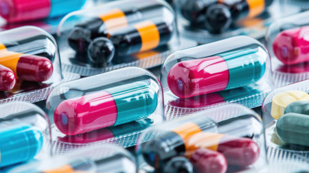A close-up view of colorful capsules and tablets arranged in blister packs. The image showcases various medications used for health and wellness in a clinical setting.の素材