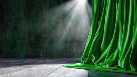 A beautiful green satin curtain gracefully drapes over a wooden floor, beautifully lit by a beam of light, creating an atmosphere perfect for theatrical performances or elegant events.の素材