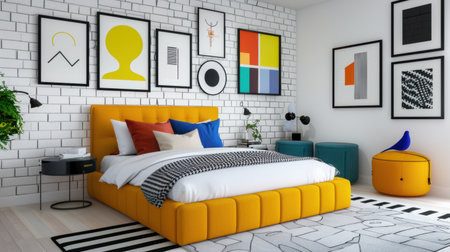 This bright and modern bedroom features a stylish yellow bed, colorful artwork, and vibrant decor, creating a cozy and inviting atmosphere for relaxation.の素材