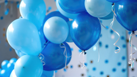 A vibrant display of various shades of blue balloons creates a festive atmosphere for celebrations. Perfect for parties, events, or gatherings, this cheerful decor captures the joy of special occasions.の素材