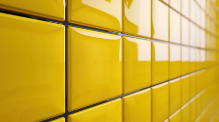 Close-up view of glossy yellow tiles arranged in a sleek pattern, offering a modern touch to interiors. Ideal for home decor or design projects.の素材