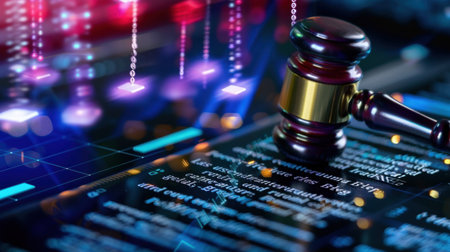 This image showcases a gavel symbolizing justice placed against a futuristic digital background, representing the intersection of law and technology in today's society.の素材
