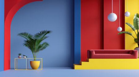 A stunning living room interior featuring colorful walls, stylish furniture, and tropical plants, creating a modern and inviting atmosphere perfect for relaxation.の素材