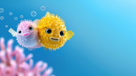 This delightful image features two animated pufferfish swimming joyfully through a vibrant underwater scene filled with colorful coral and bubbles.の素材