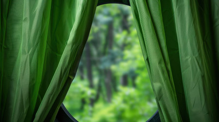 A serene view of a lush green forest through a circular window, framed by vibrant green curtains. Perfect for nature and interior design themes.の素材
