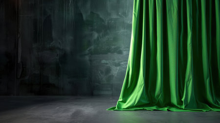 This image features a lush green fabric drapery set against a dark textured background, ideal for creative photography and artistic projects.の素材