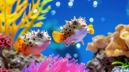 Two colorful tropical fish swim gracefully among vibrant coral formations in a bright aquarium, creating a lively and mesmerizing underwater scene.の素材