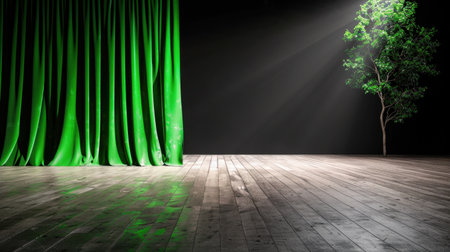 A captivating scene featuring a green curtain partially drawn back, with a radiant light beam highlighting a solitary tree on a polished wooden stage, symbolizing contrast and serenity.の素材