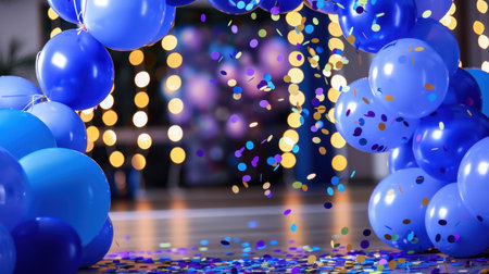 A stunning display of blue balloons combined with colorful confetti creates a vibrant and festive atmosphere perfect for celebrations or events.の素材