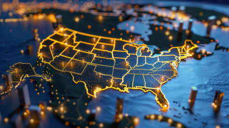 A stunning illuminated map of the United States highlighting technology and connectivity, capturing the essence of modern America through digital visualization.の素材
