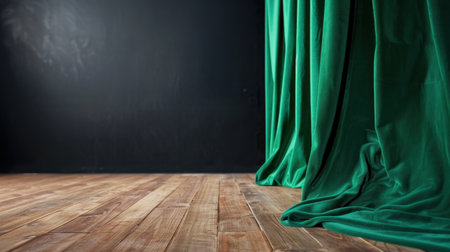 A striking image featuring lush green velvet drapery on a wooden floor, set against a dark background. Ideal for artistic projects and designs.の素材