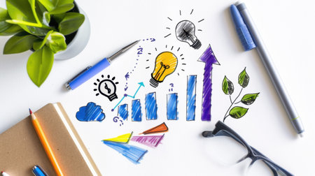 Vibrant illustration depicting a business growth chart alongside various office supplies and creative elements. Perfect for projects on innovation and strategy.の素材