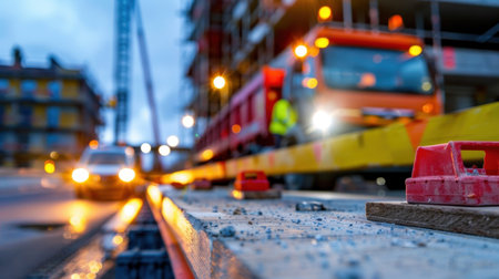 A vibrant urban construction site captured at dusk, highlighting workers and machinery engaged in building and development activities, showcasing industry growth.の素材