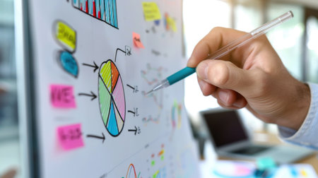 Close-up of a hand holding a pen while pointing at colorful charts and graphs during a business presentation in a modern office environment.の素材