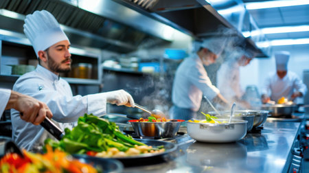 A dynamic scene captures professional chefs in a busy kitchen, expertly preparing fresh ingredients and dishes, showcasing the art of culinary teamwork.の素材