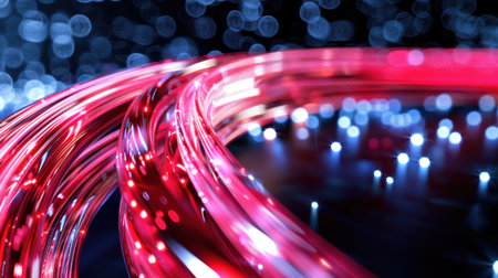 This captivating image features dynamic red and blue light trails intricately weaving through a dark background, creating a mesmerizing bokeh effect that evokes vibrant energy perfect for digital art, presentations, or creative projects.の素材