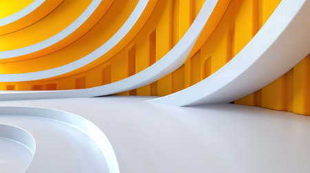A striking abstract interior scene featuring smooth white curves complemented by vibrant yellow walls. Ideal for modern architectural design concepts.の素材