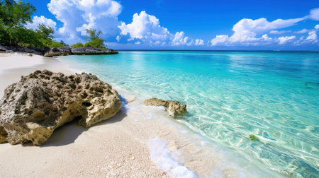 Experience the beauty of a tranquil tropical beach, where clear waters meet a rocky shoreline and vibrant skies create a serene escape. Ideal for travel themes.の素材