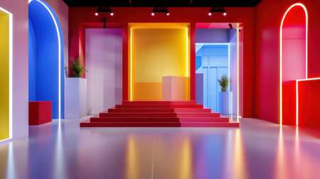 This image features a modern stage design with vibrant colors and geometric shapes, perfect for creative performances and events. The artistic setup creates an inviting atmosphere for presentations.の素材