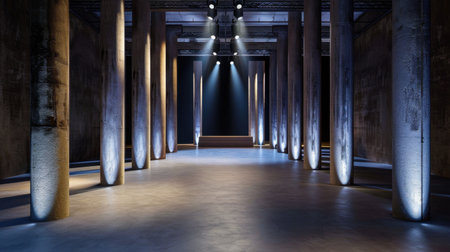 This expansive industrial hall features striking concrete pillars and dramatic lighting, ideal for events, performances, and creative exhibitions.の素材