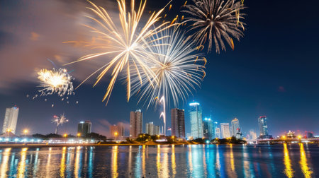 A stunning visual capturing the dynamic display of fireworks illuminating the night sky above a modern city skyline, reflected in calm waters.の素材
