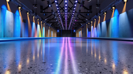 This image showcases a modern stage designed for events, featuring vibrant colored lights and shimmering reflections on a polished floor. Perfect for visual storytelling.の素材