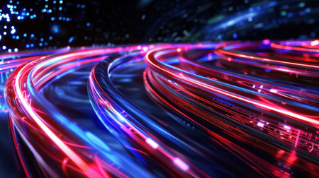 This captivating image features vibrant light trails in blue and red, set against a dark background. It represents dynamic movement and energetic flow, creating an abstract and artistic visual. Perfect for digital art or technology themes.の素材