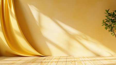 This serene image showcases soft yellow fabric drapery cascading against a bright wall, complemented by a leafy plant that enhances the inviting atmosphere of the space.の素材