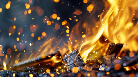 A stunning closeup of vibrant flames and glowing sparks rises from charred wood in a campfire, capturing the energy and warmth of outdoor gatherings.の素材