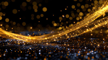 Captivating image of shimmering gold and silver particles with a bokeh effect against a dark background. Perfect for festive themes and elegant designs.の素材