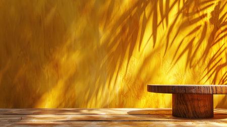 This photograph features a vibrant yellow wall complemented by a wooden table that casts delicate shadows, creating a serene and inviting atmosphere ideal for interior design or artistic presentations.の素材