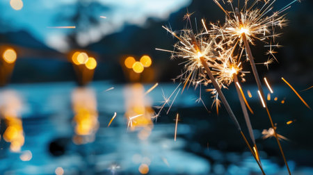 A stunning display of sparkling lights from outdoor sparklers over a serene water surface at twilight. This enchanting scene captures the essence of joy and celebration.の素材