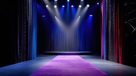 This image features a captivating stage with colorful curtains and bright spotlights, creating an ideal setting for a fashion show, performance, or public event.の素材
