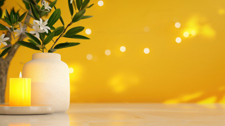 A serene setting featuring a soft yellow background, a glowing candle, and a minimalist vase with flowers, perfect for relaxation and wellness themes.の素材