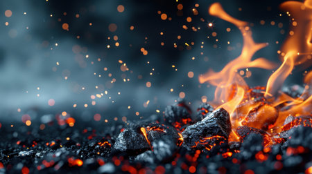This striking close-up captures the beauty of glowing coals intermingled with flames and sparkling embers, set against a dark, atmospheric background.の素材