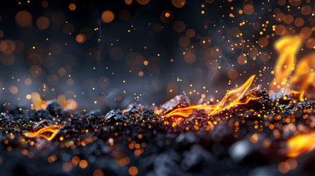 This stunning abstract image showcases a fiery landscape filled with glowing embers and sparkling particles. The warm tones of red and orange create a captivating atmosphere, ideal for backgrounds or artistic projects.の素材