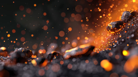 This stunning image captures the dynamic beauty of ash and ember particles rising from a volcanic landscape, set against a dark, dramatic backdrop.の素材