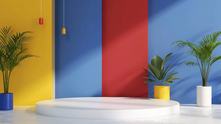 A modern indoor studio setup featuring a round white platform, vibrant walls in yellow, blue, and red, and lush green plants for a fresh aesthetic.の素材