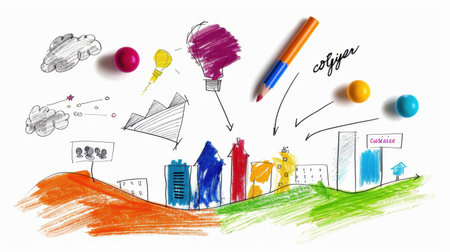 This hand-drawn colorful illustration captures a playful city skyline, showcasing creative elements like clouds and ideas, perfect for design concepts.の素材