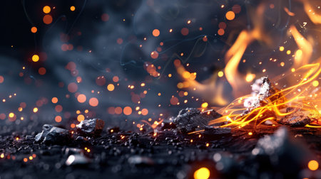 Captivating abstract image of flames and vibrant sparks mixed with smoke on a dark background, perfect for artistic projects and design inspirations.の素材