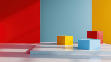 A striking arrangement of geometric shapes in vibrant colors rests on a clean surface, creating an engaging and modern visual perfect for advertising or design.の素材