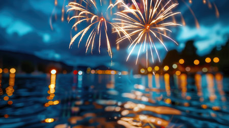 This stunning image captures colorful fireworks bursting in the night sky above a tranquil lake, creating beautiful reflections on the water's surface.の素材