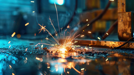 A vibrant display of sparks emanating from a welding process in an industrial workshop, highlighting intense colors and dynamic movement on the floor.の素材