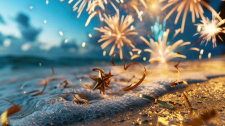 A vibrant scene capturing colorful fireworks illuminating the dusk sky over ocean waves, complemented by cheerful confetti on the sandy shoreline.の素材